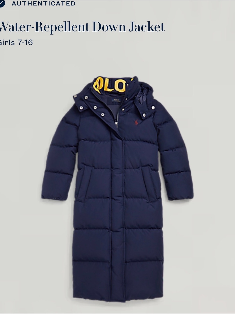 Polo by Ralph Lauren Navy Long Water-Repellent Down Jacket with Yellow Trim
